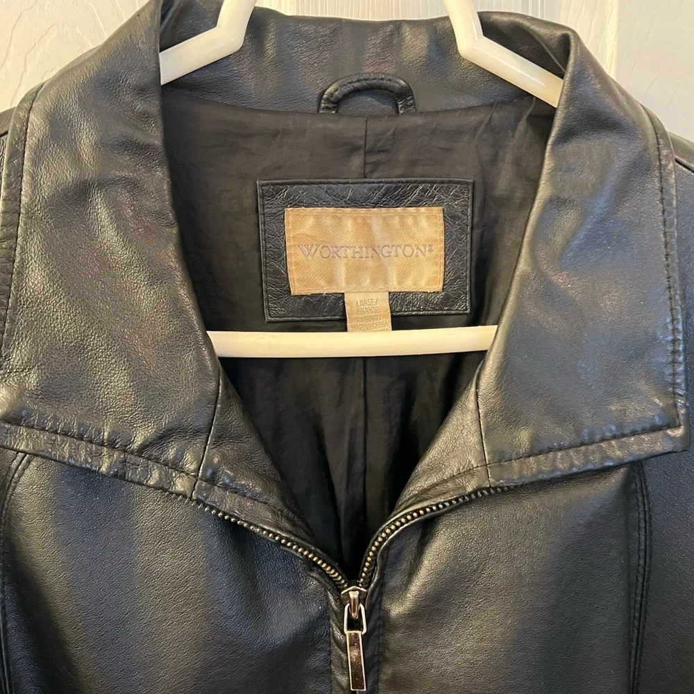 Worthington Black Leather 3/4 Jacket/Coat with Tie Belt Sz L